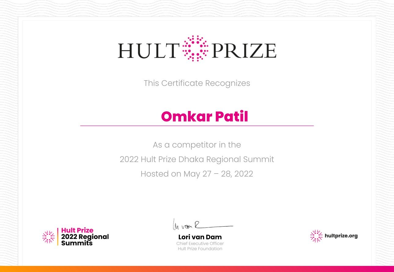 Hult Prize certificate recognising Omkar Patil as a competitor in the 2022 Hult Prize Dhaka Regional Summit, May 27 to 28, 2022